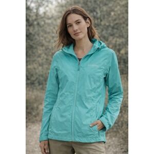 Columbia Womens Medium BLUE Lightweight Hooded Rain Jacket OUTDOOR Hiking travel
